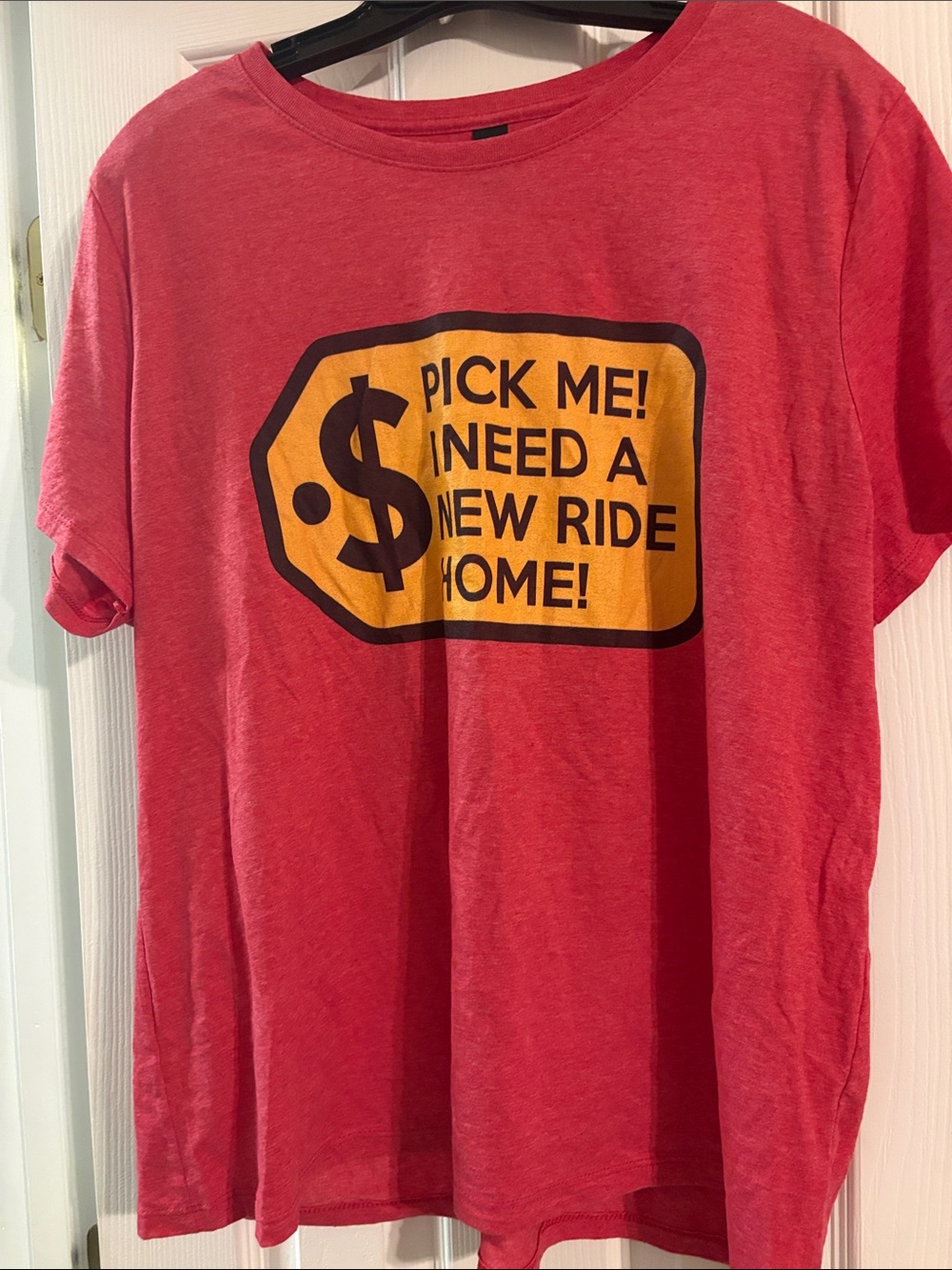 Gildan Red Short Sleeve Graphic Tee with Yellow Price Tag Print